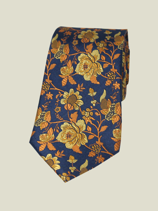 Pure Silk Woven - Navy and Gold Floral Tie