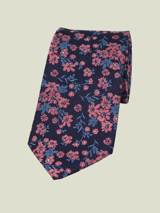 Pure Silk Woven - Navy and Pink Floral Tie