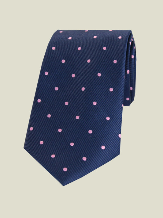 Pure Silk Woven - Navy and Pink Polka Dot Tie