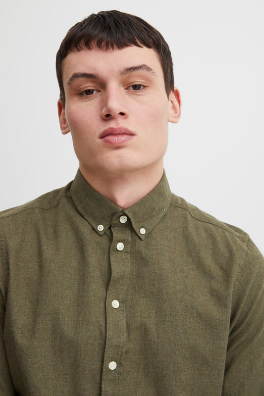 Pure-Cotton Long Sleeve Shirt - Green Melange