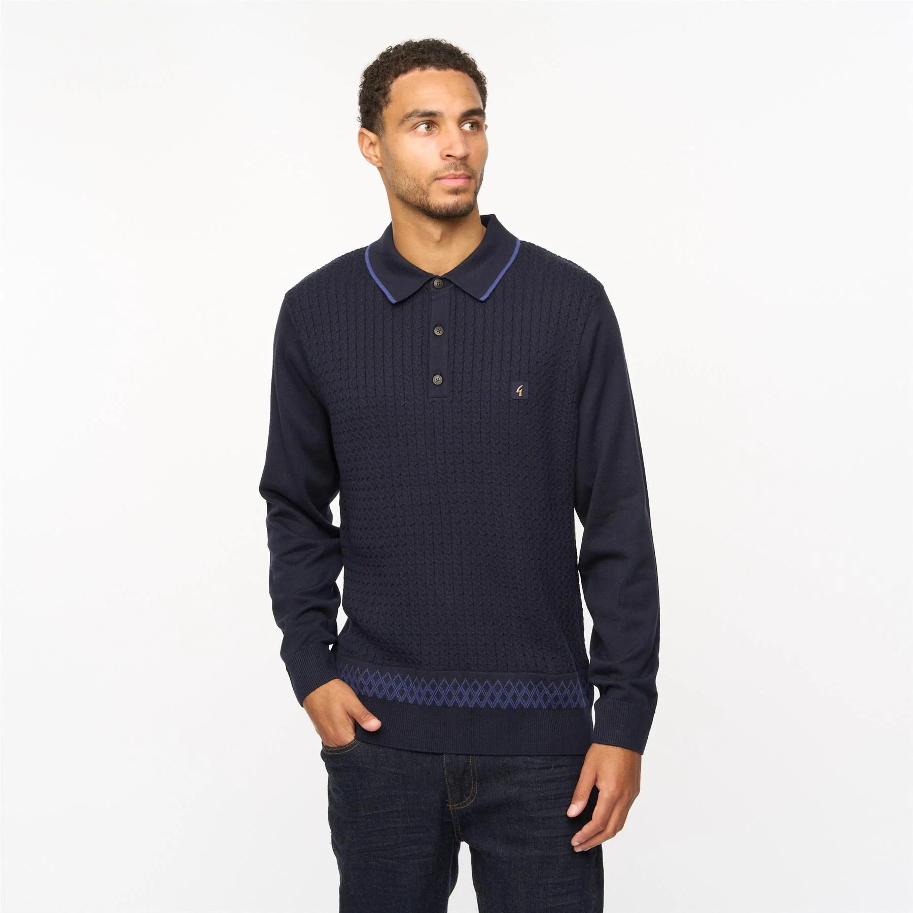 Vintage Cable Knit Polo Shirt - Navy