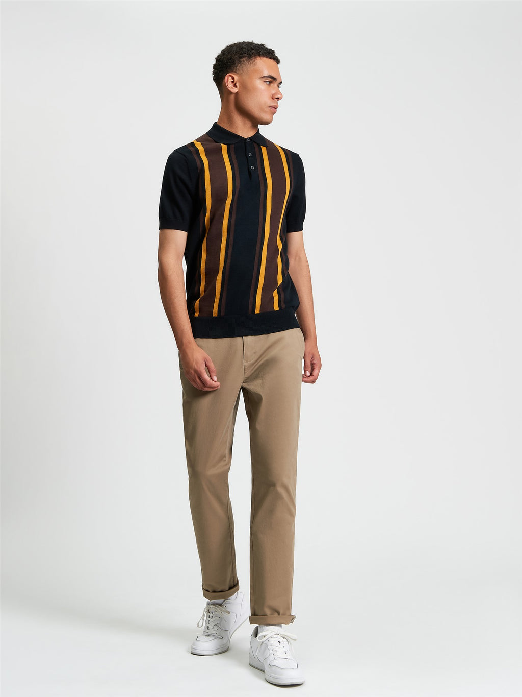 Vertical Stripe Knitted Polo in Black
