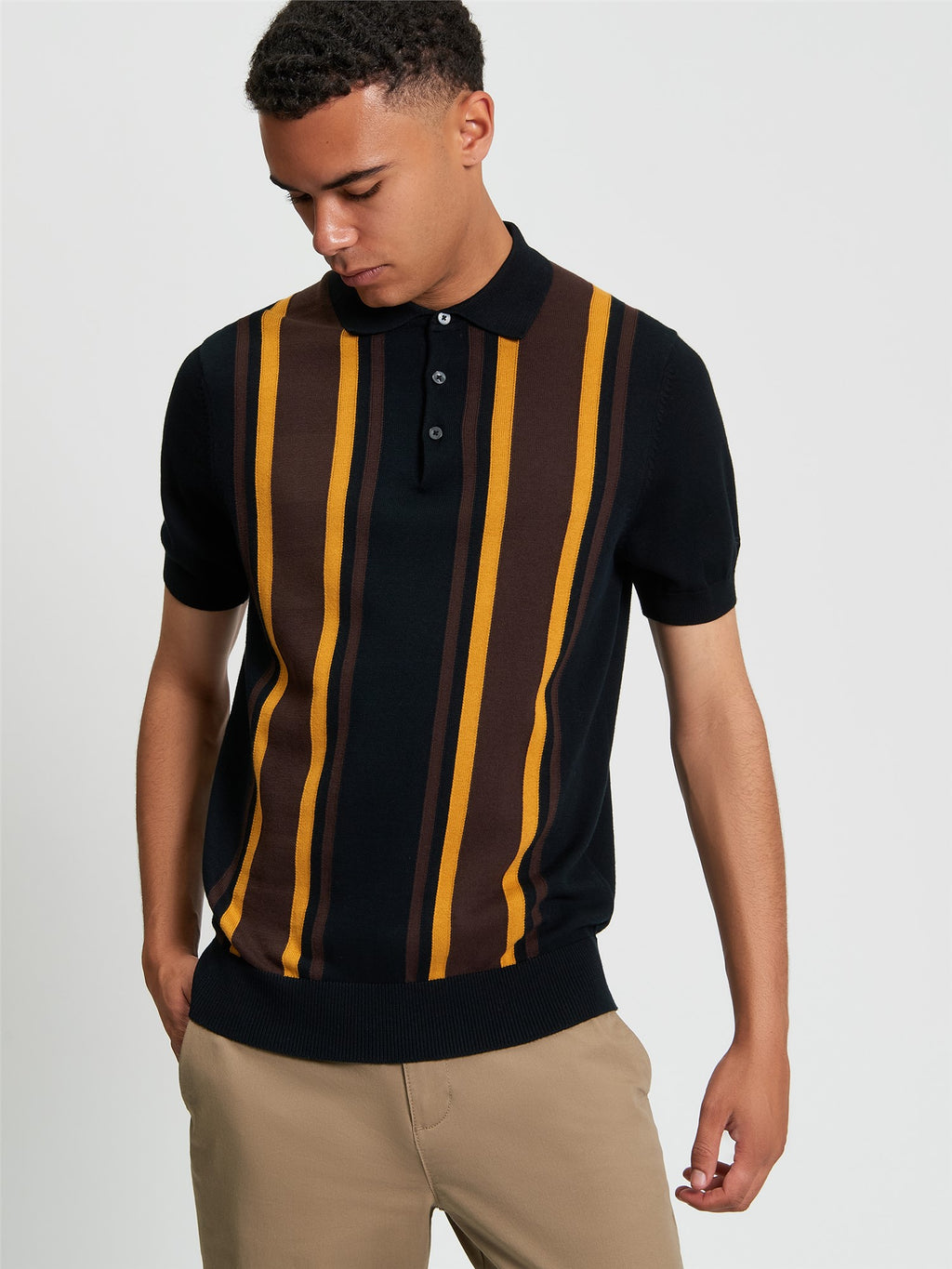 Vertical Stripe Knitted Polo in Black