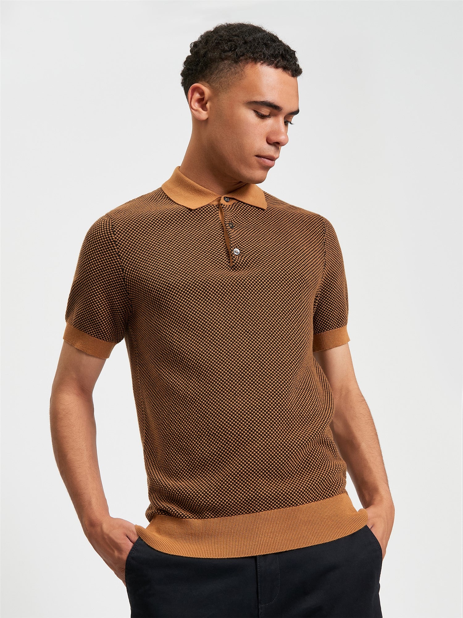 Bi Coloured Textured Polo in Camel