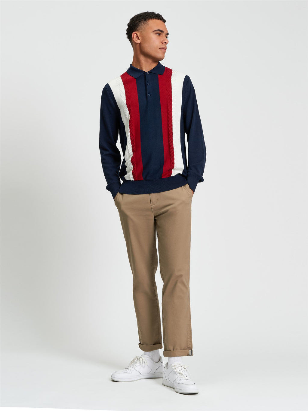 Long Sleeve Vertical Stripe Knitted Polo in Dark Navy