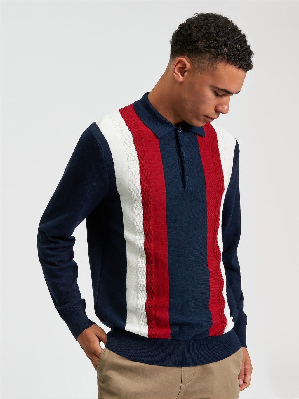 Long Sleeve Vertical Stripe Knitted Polo in Dark Navy