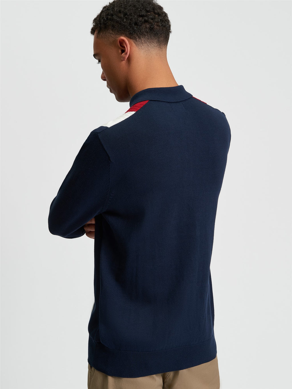 Long Sleeve Vertical Stripe Knitted Polo in Dark Navy