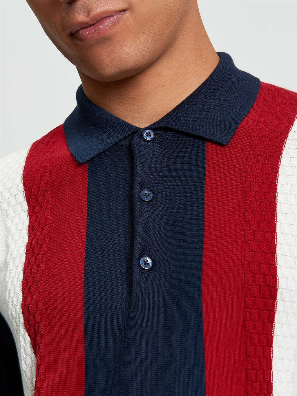 Long Sleeve Vertical Stripe Knitted Polo in Dark Navy