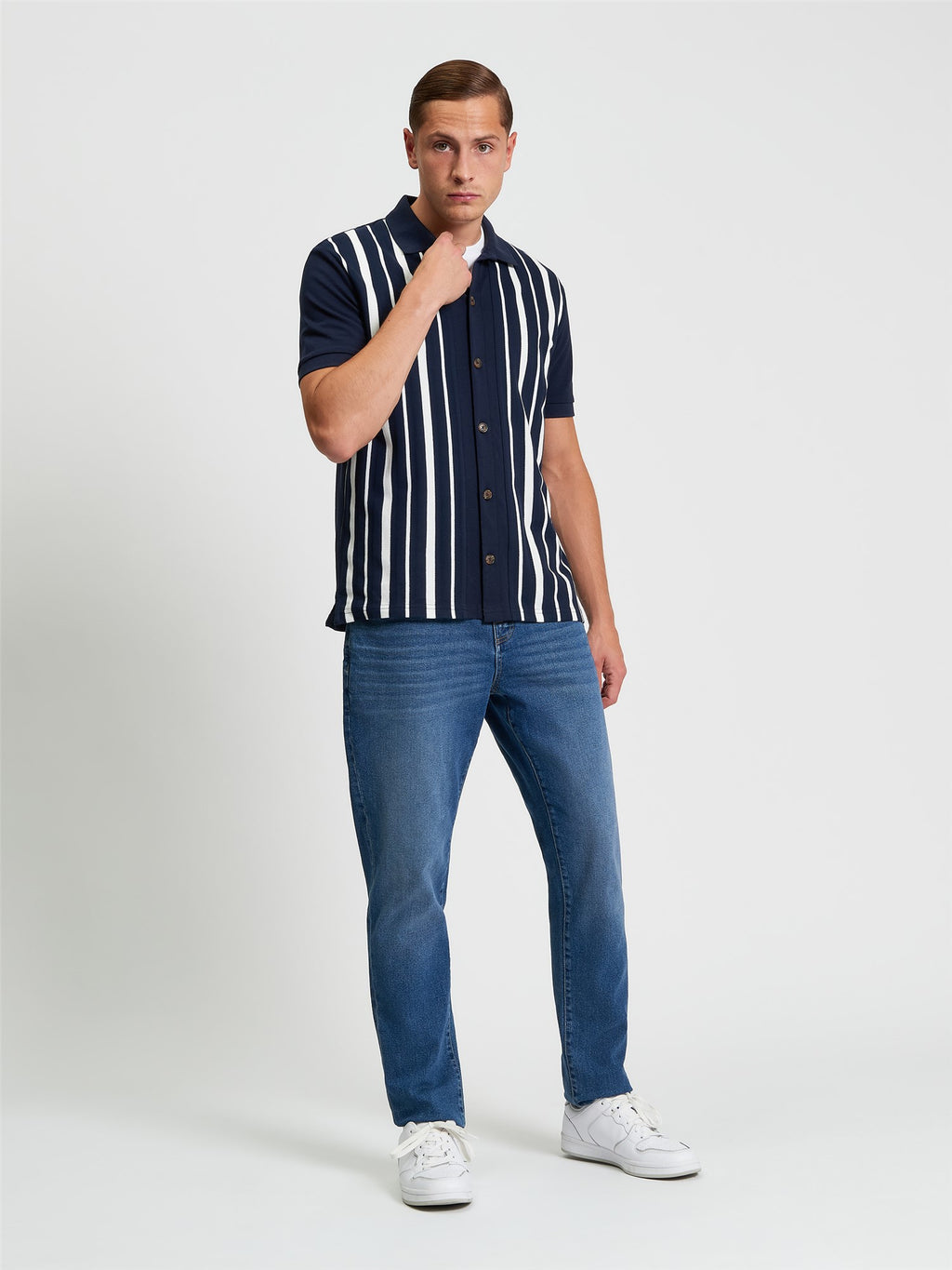 Button Through Stripe Knitted Polo in Dark Navy