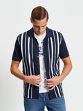 Button Through Stripe Knitted Polo in Dark Navy
