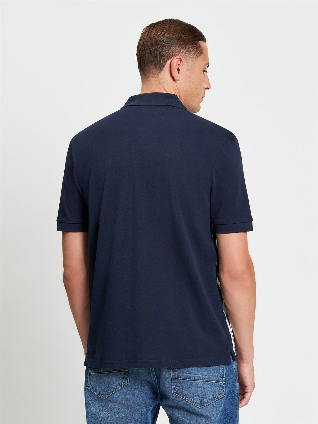 Button Through Stripe Knitted Polo in Dark Navy