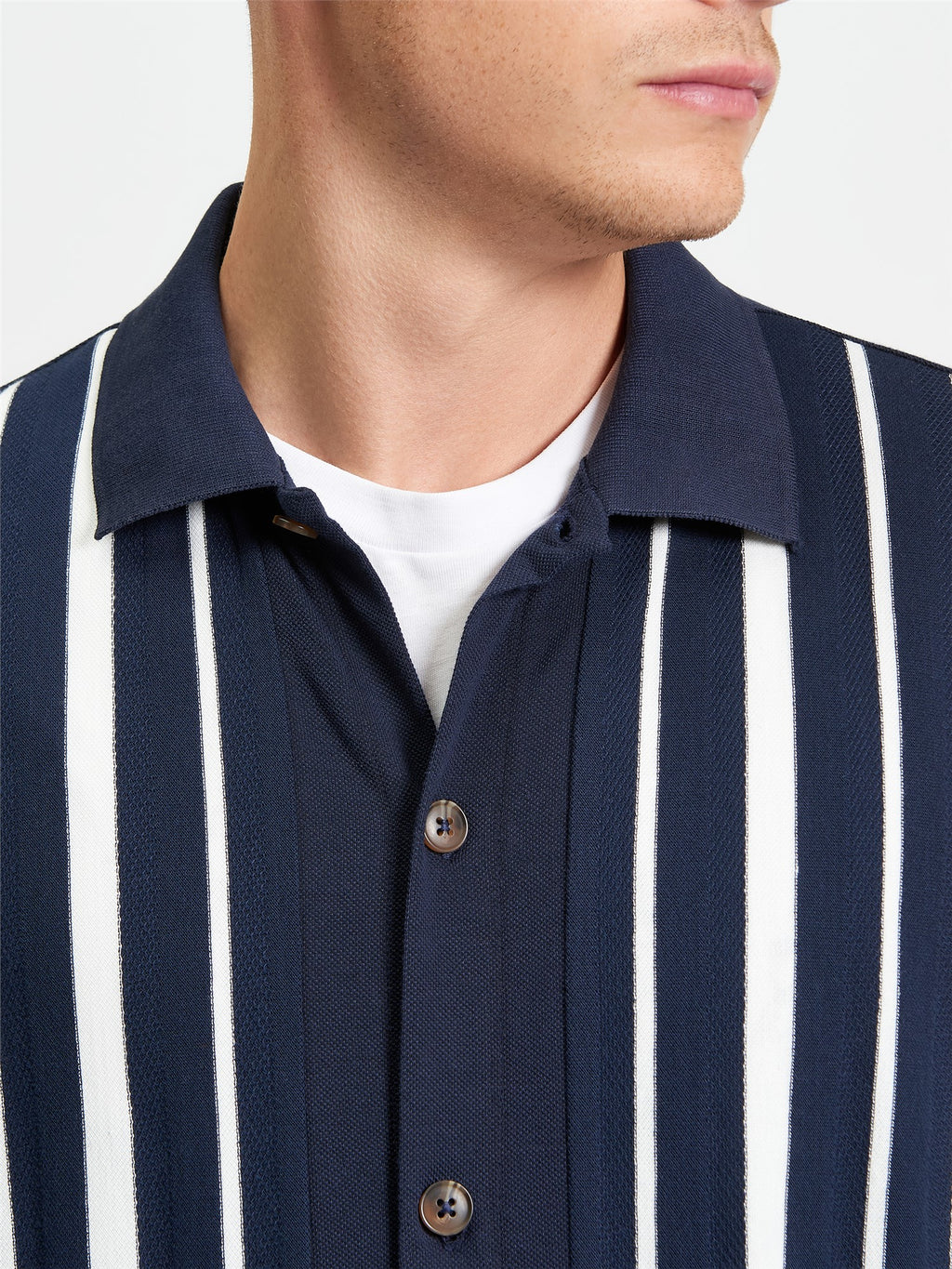 Button Through Stripe Knitted Polo in Dark Navy