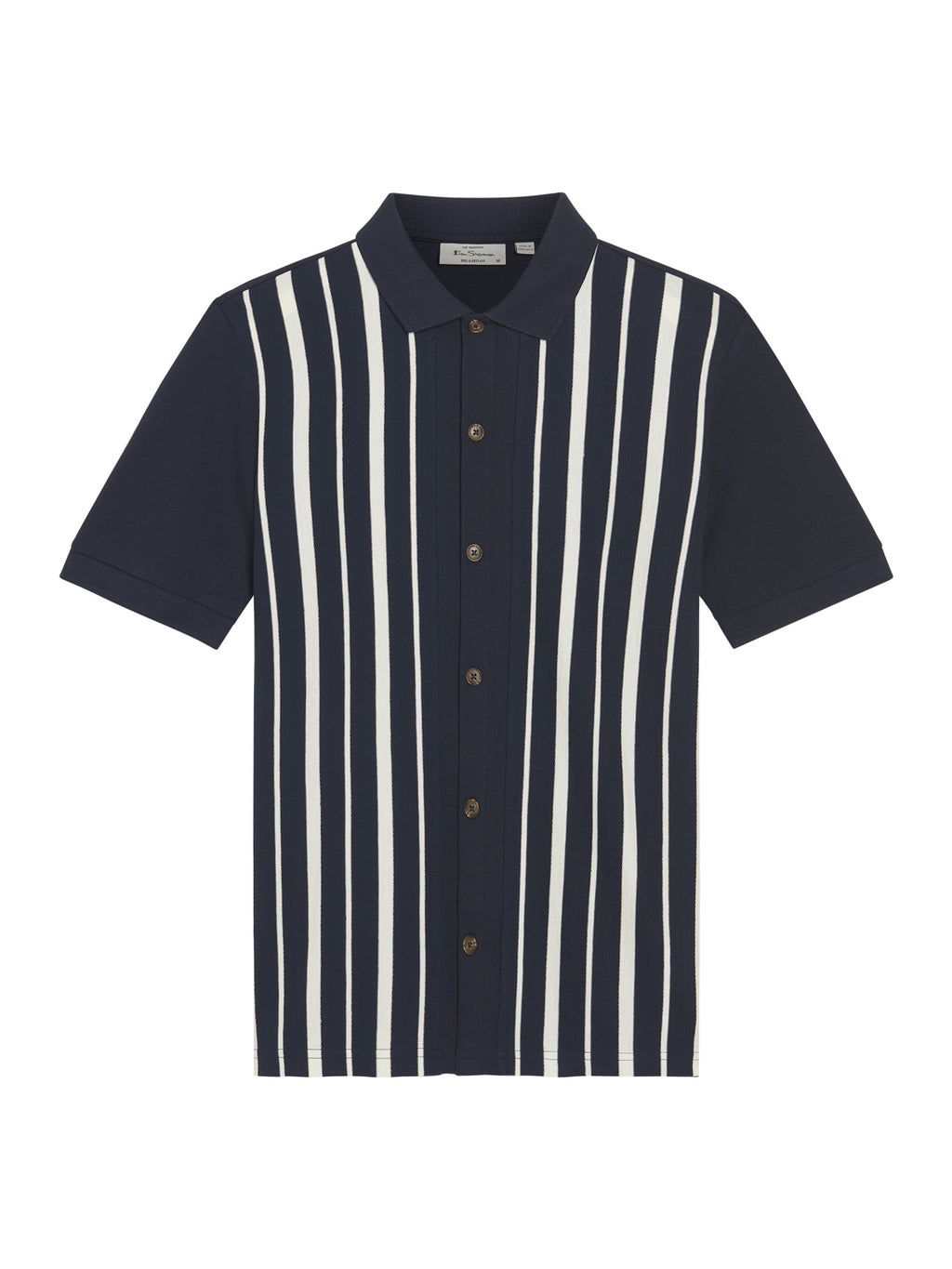 Button Through Stripe Knitted Polo in Dark Navy
