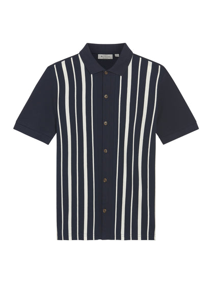 Button Through Stripe Knitted Polo in Dark Navy