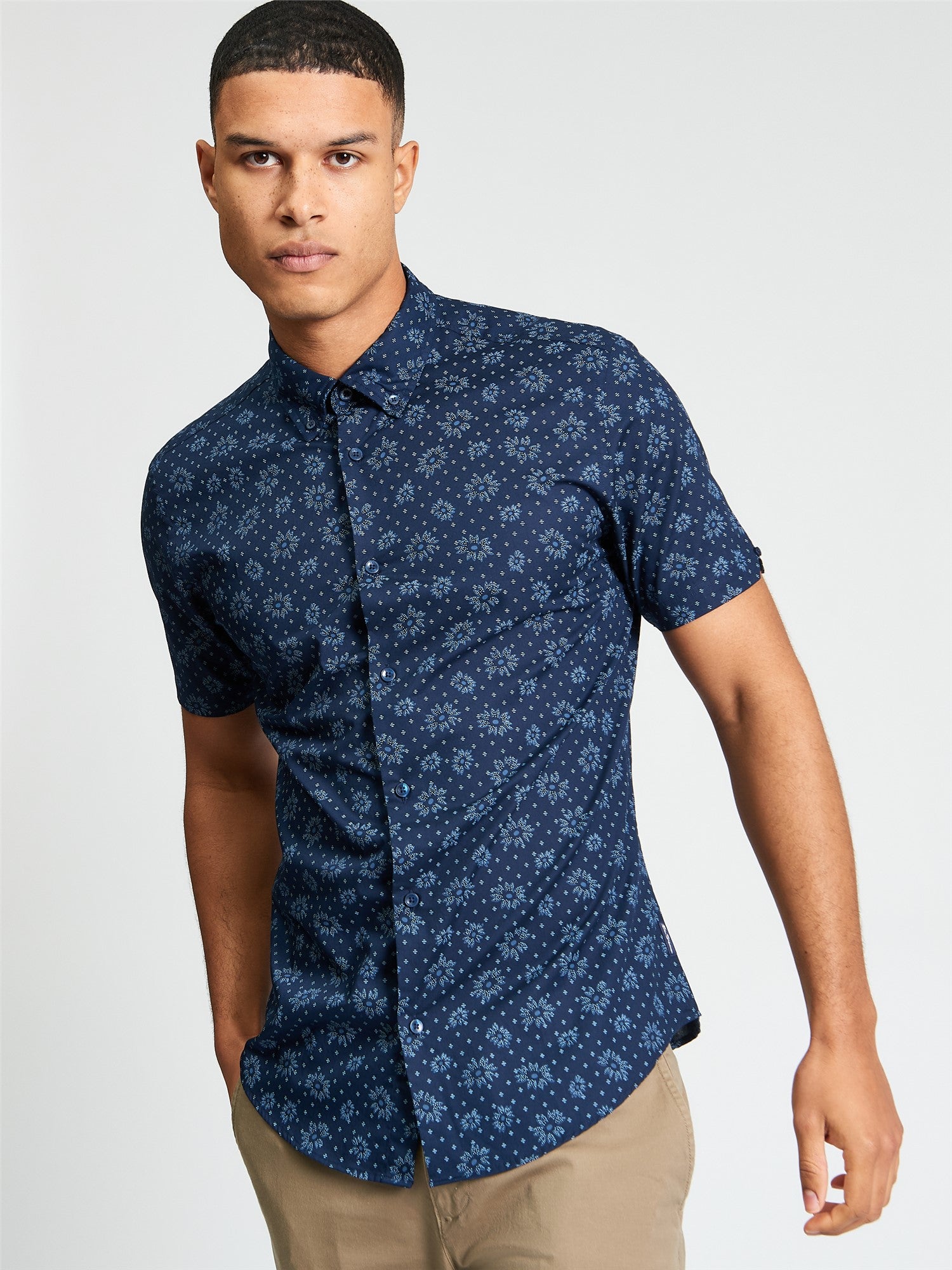 Short Sleeve Floral Geo Print Shirt - Dark Navy