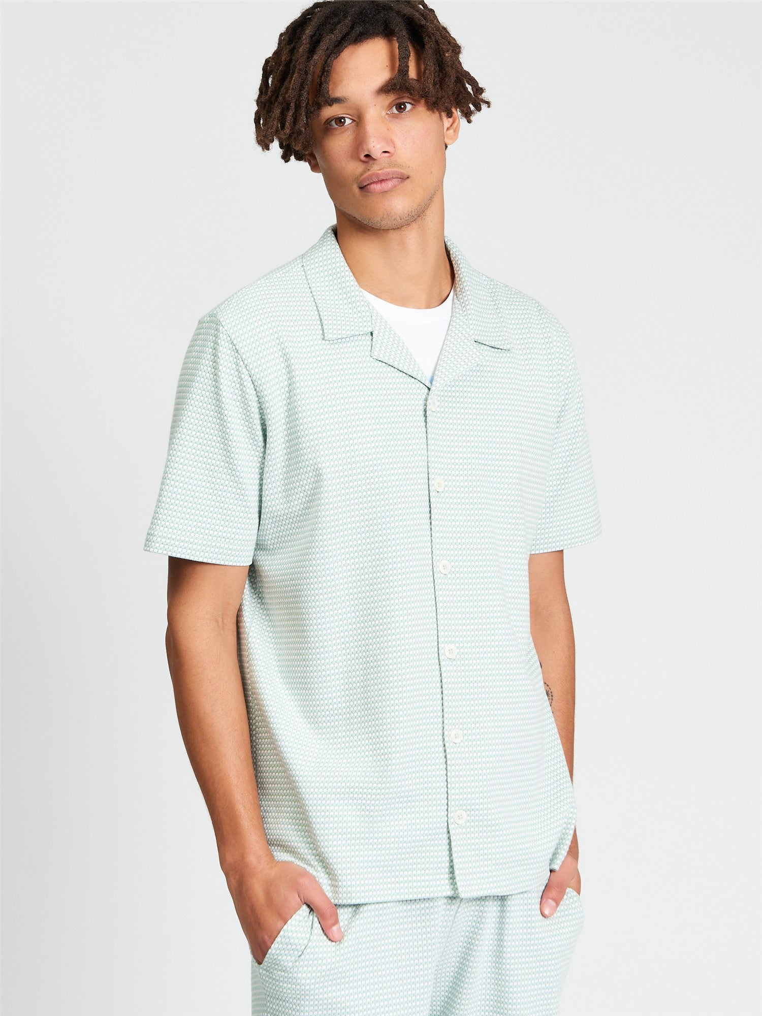 Short Sleeve Tri Colour Textured Co-ord Shirt - MINT