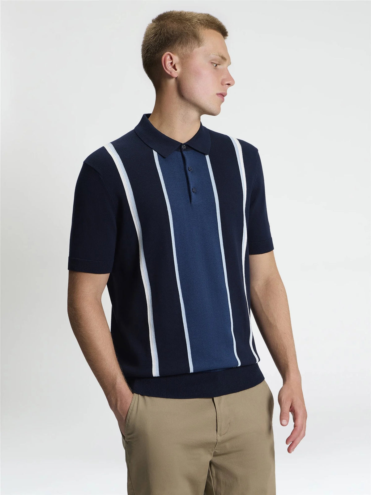 Short Sleeve Mod Stripe Knitted Polo - Dark Navy
