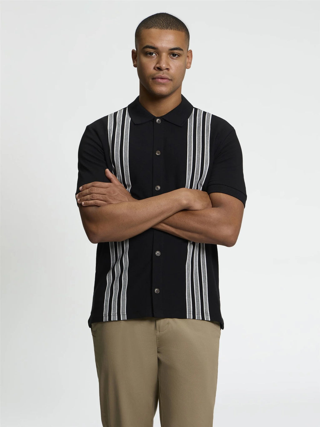 Short Sleeve Birdseye Stripe Button Through Polo - Black