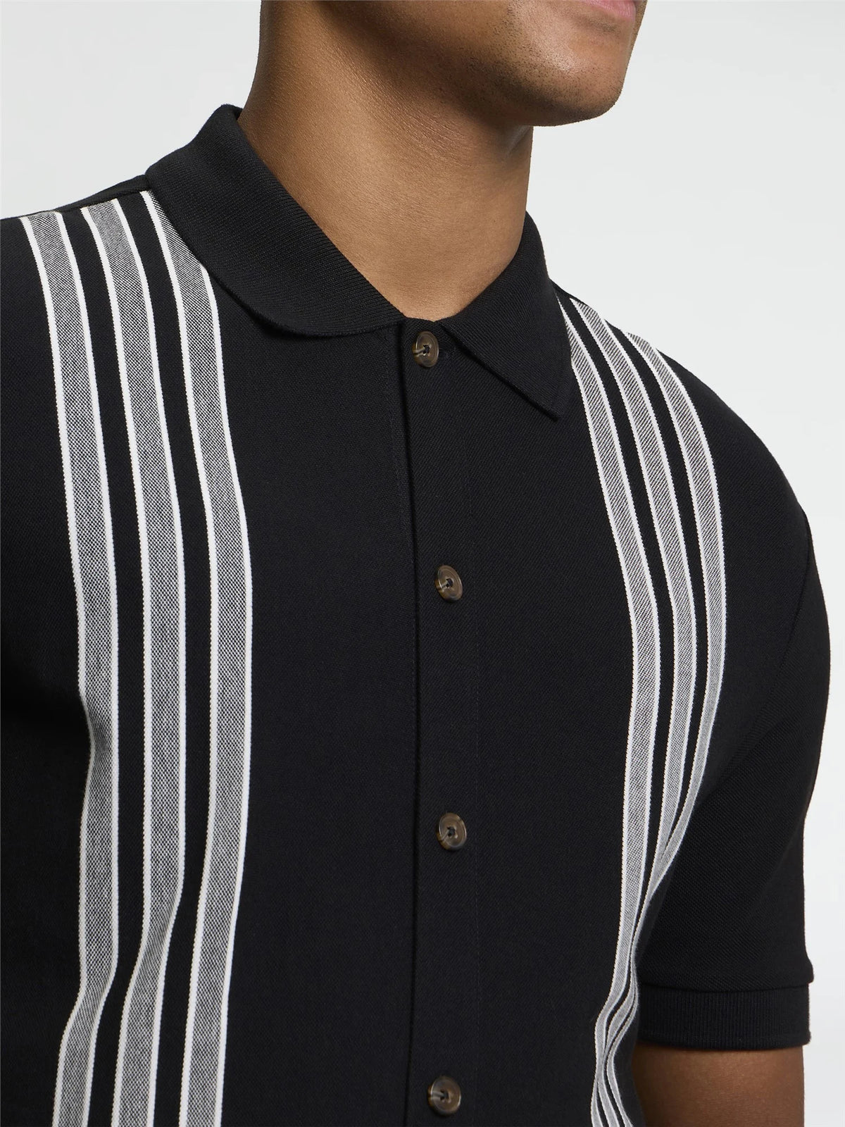 Short Sleeve Birdseye Stripe Button Through Polo - Black