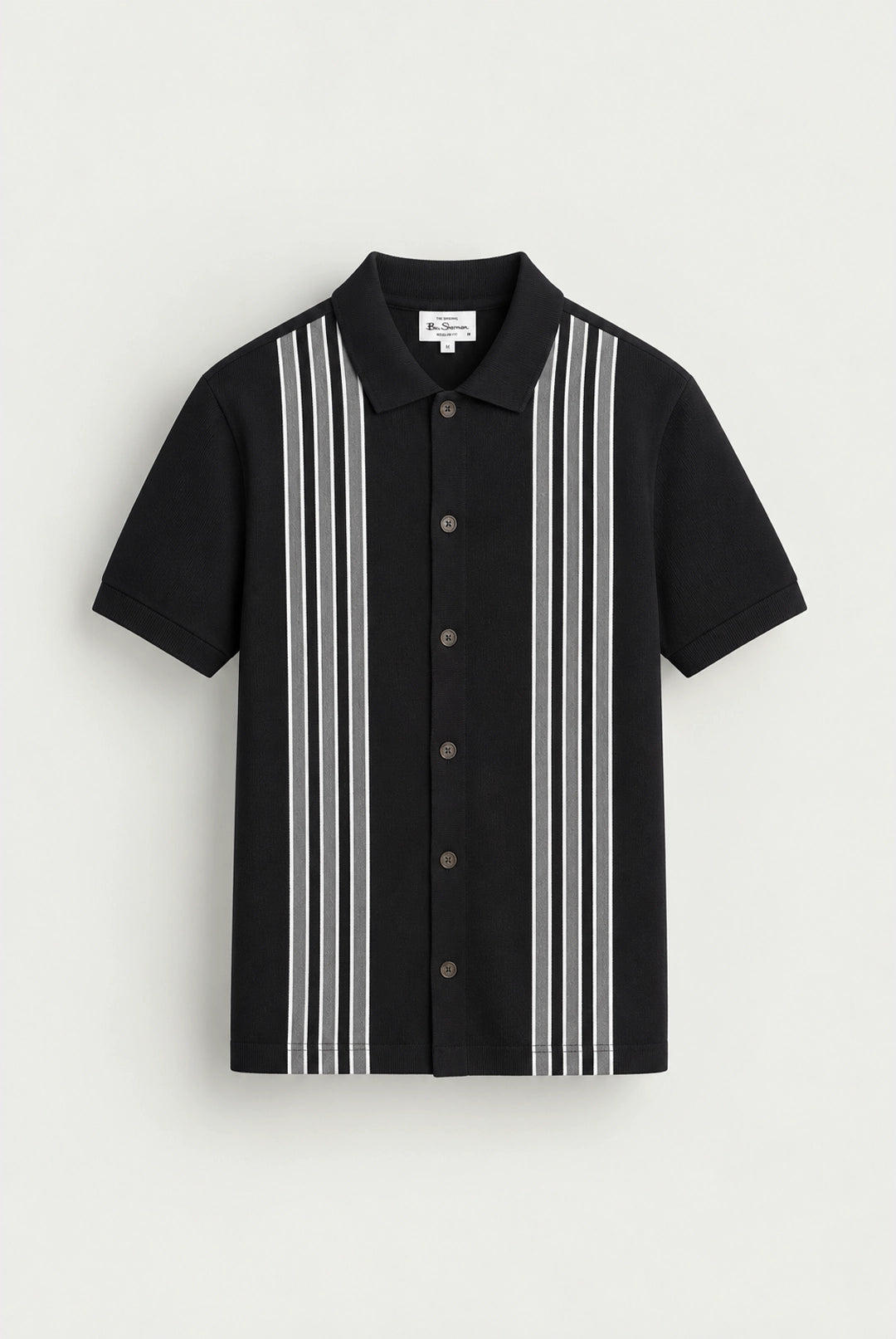 Short Sleeve Birdseye Stripe Button Through Polo - Black