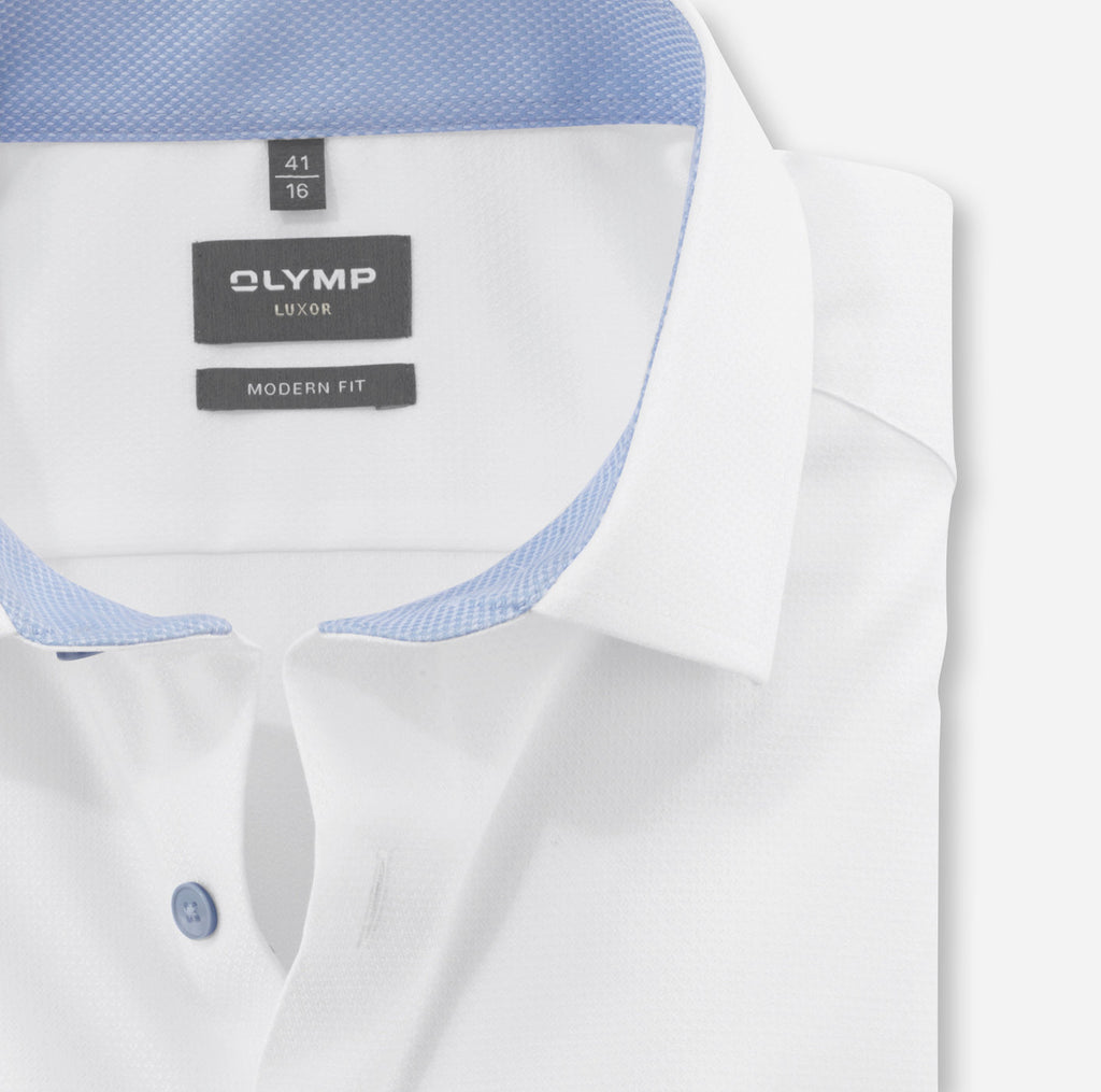Olymp Luxor Modern Fit - White Twill Light Blue Buttons
