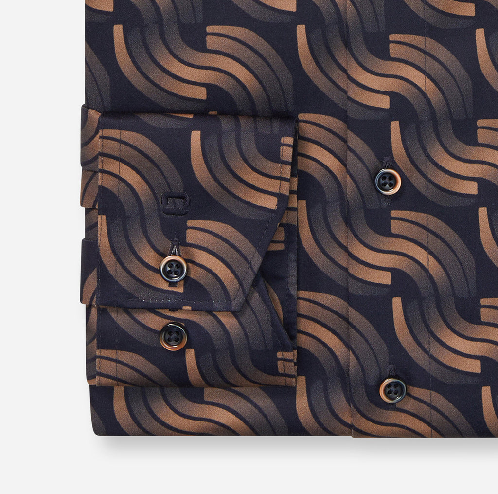 OLYMP Modern Fit Long Sleeve Shirt - Dark Brown Wave Print