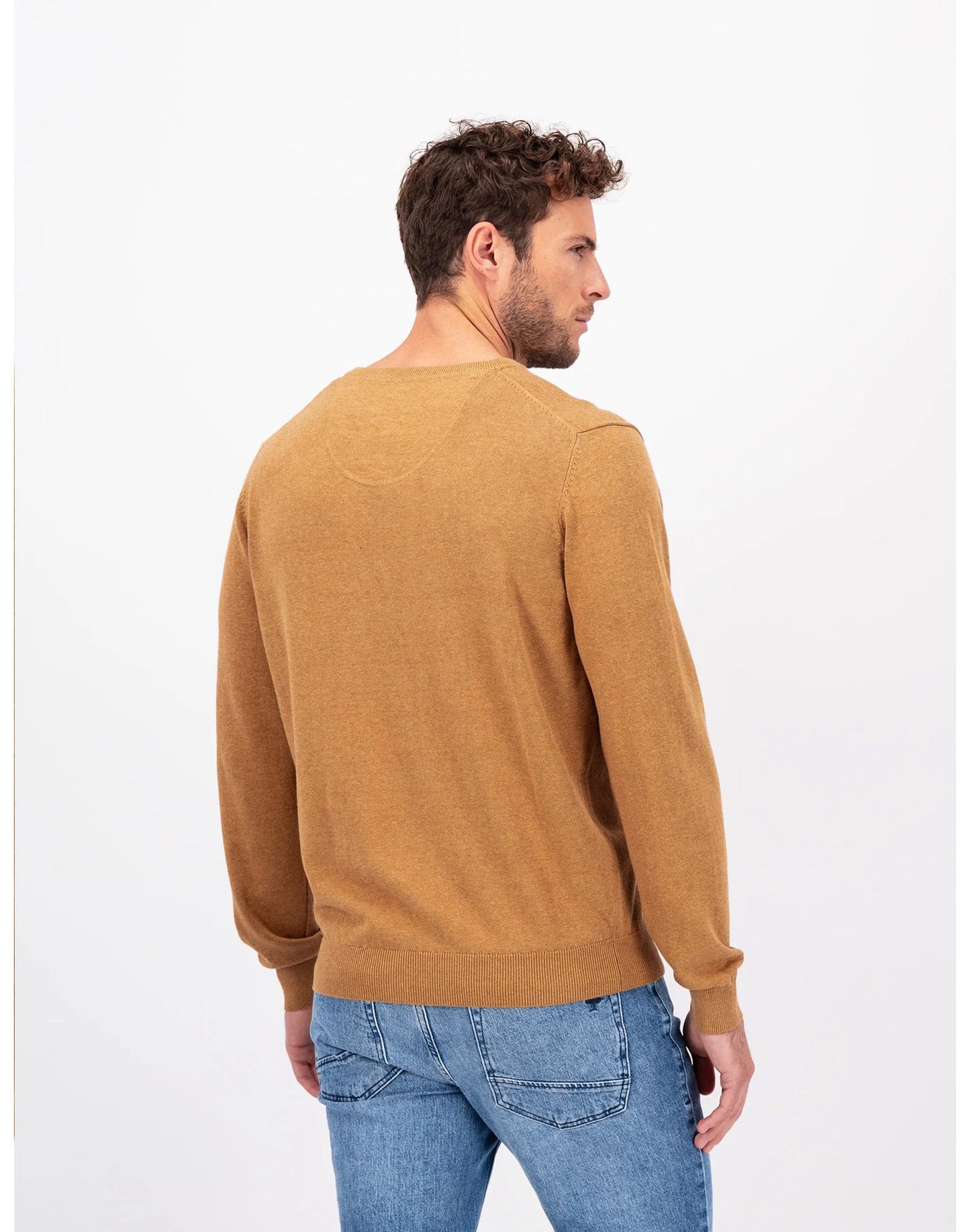 SOFT COTTON SWEATER WITH A V-NECK - Camel