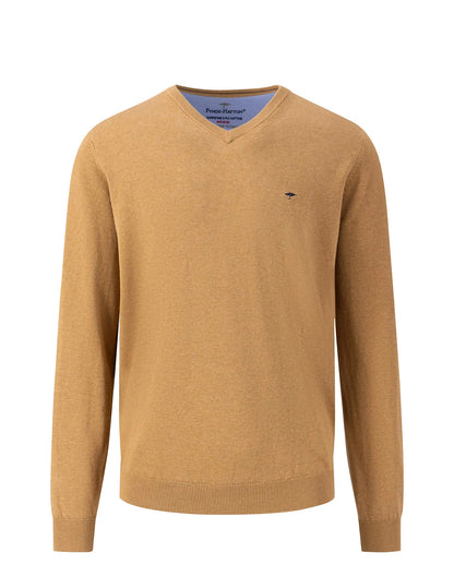 SOFT COTTON SWEATER WITH A V-NECK - Camel