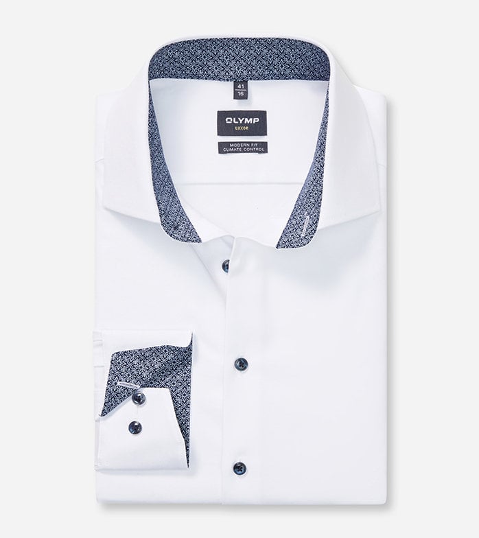 OLYMP Hybrid Trick Long Sleeve Shirt - White w/ Navy Detail