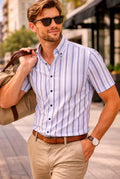 Short Sleeve Button-Down Stripe Shirt - Navy | Blue | White