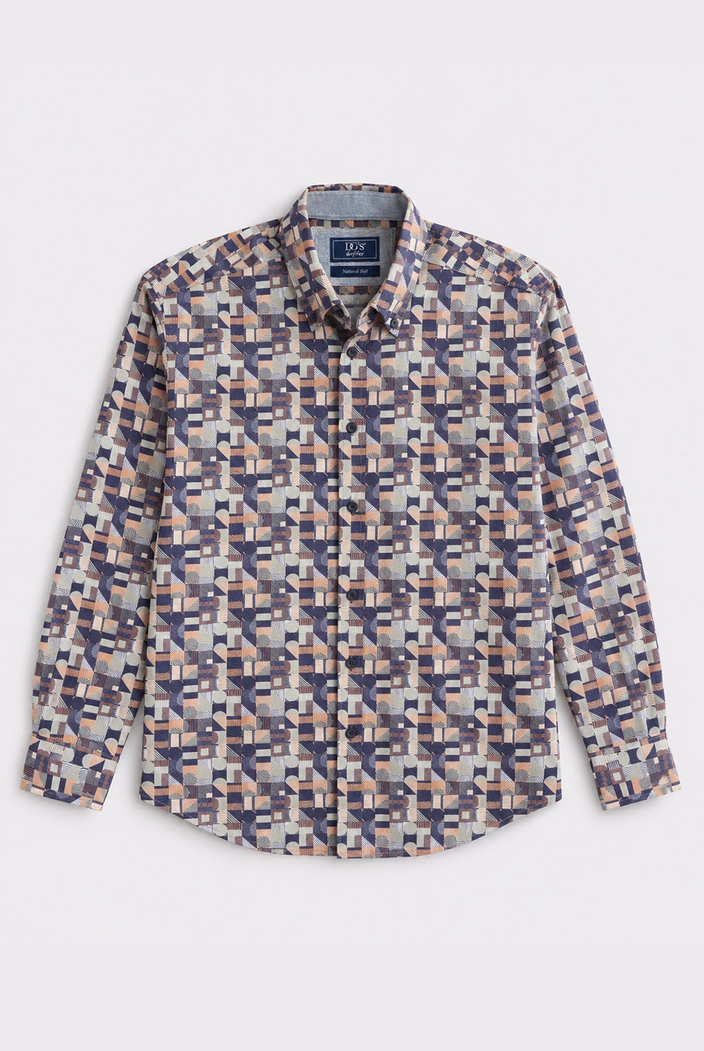 Geometric Print Button-Down Stretch Shirt - Dark Blue