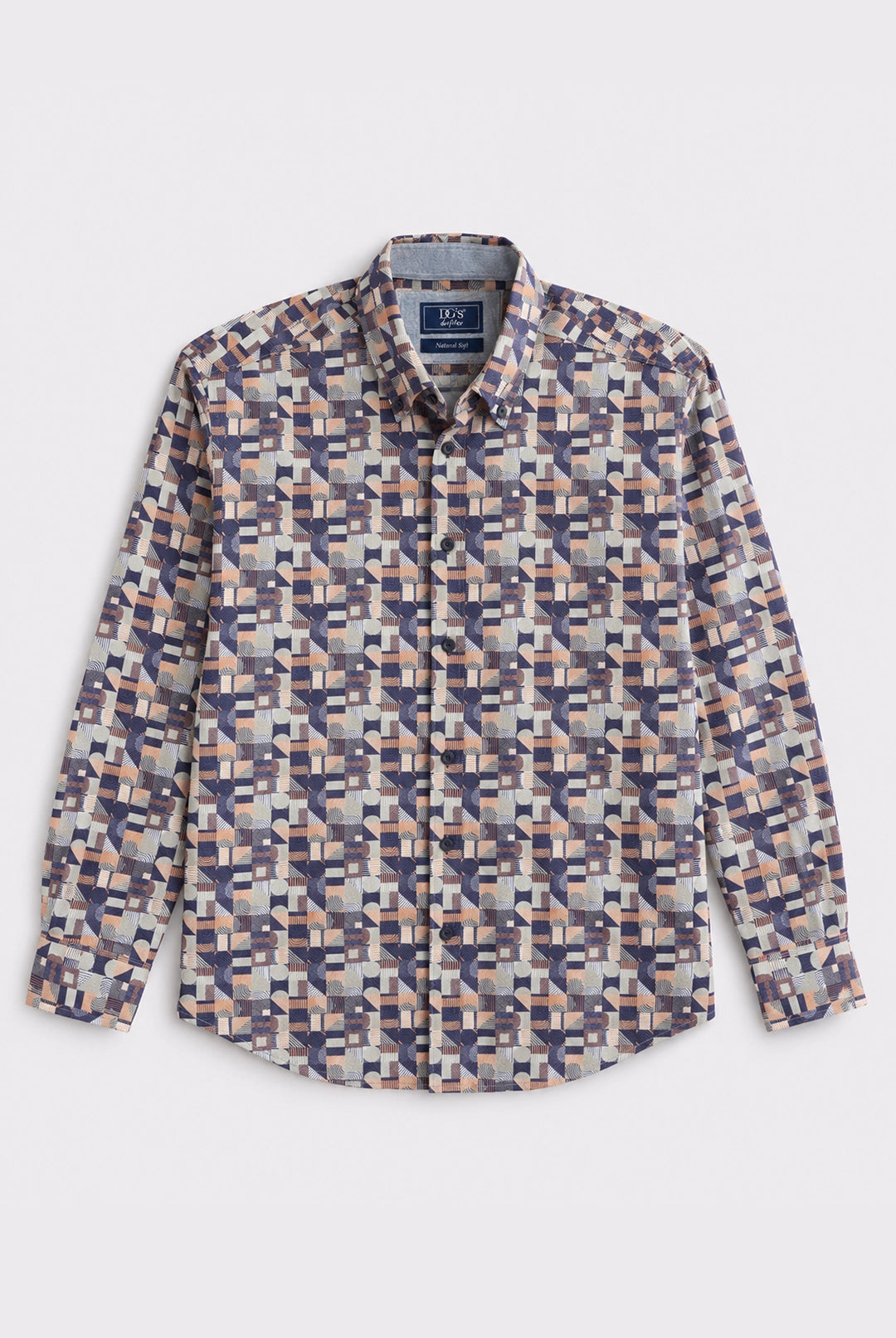 Geometric Print Button-Down Stretch Shirt - Dark Blue