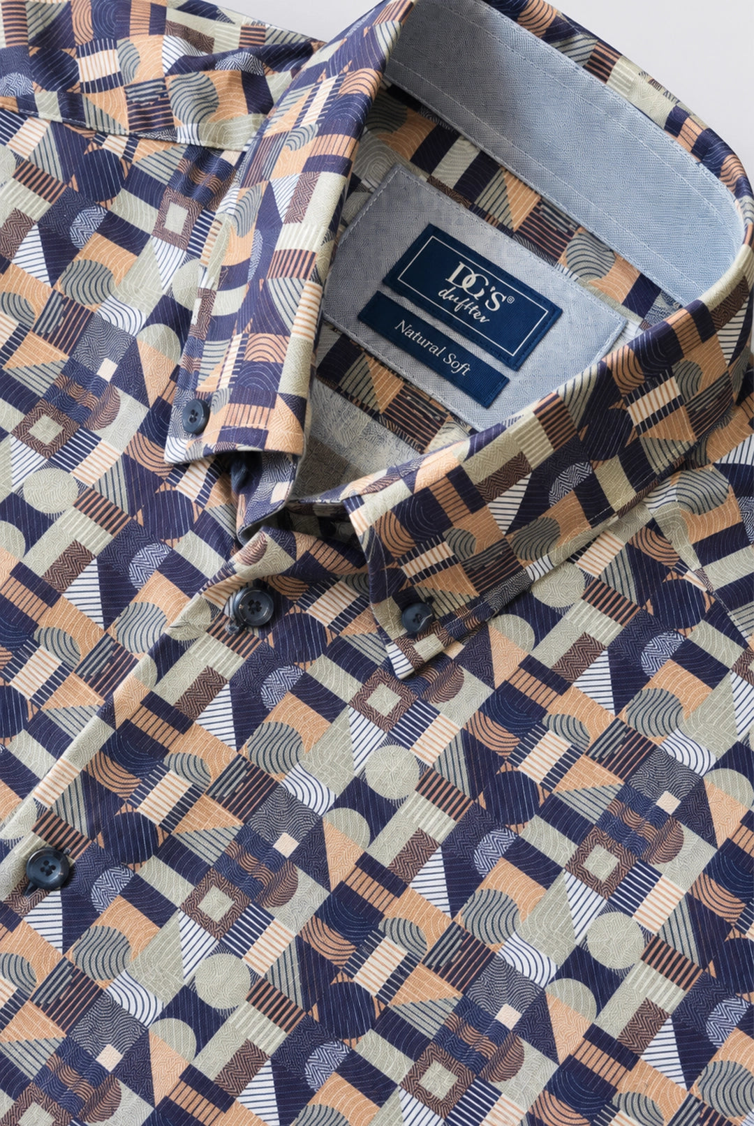 Geometric Print Button-Down Stretch Shirt - Dark Blue