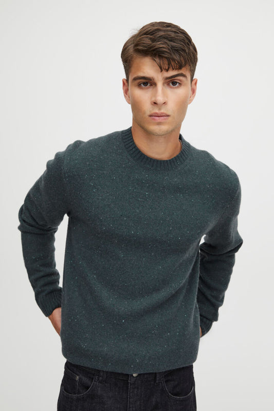 Soft Wool-rich Knitted Crew Jumper - Green Fleck