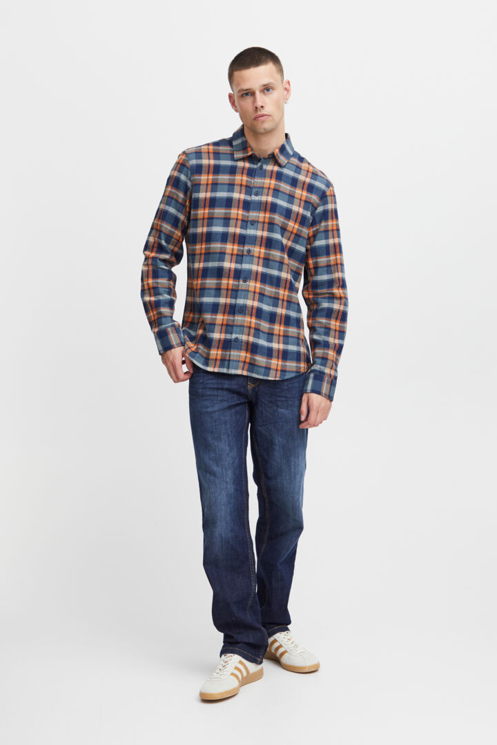 Brushed-cotton Check Shirt - Navy/ Orange