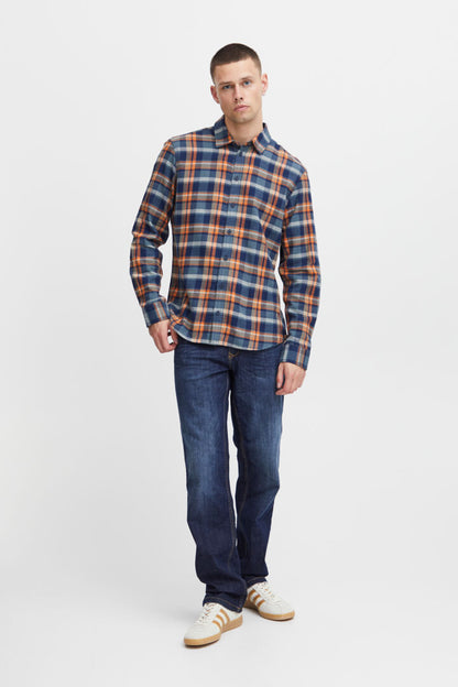 Brushed-cotton Check Shirt - Navy/ Orange