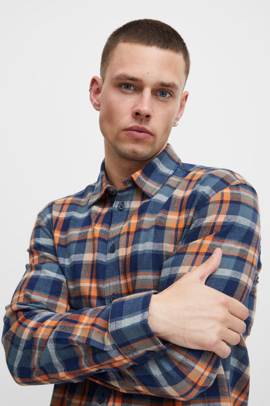 Brushed-cotton Check Shirt - Navy/ Orange