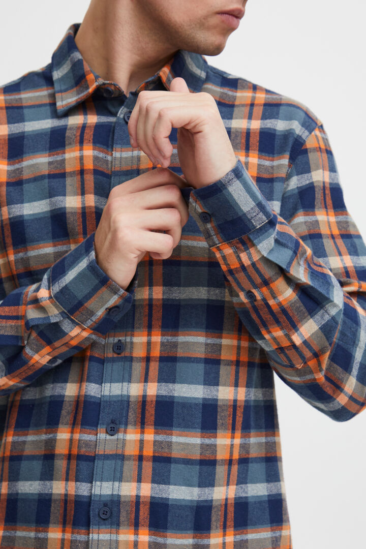 Brushed-cotton Check Shirt - Navy/ Orange
