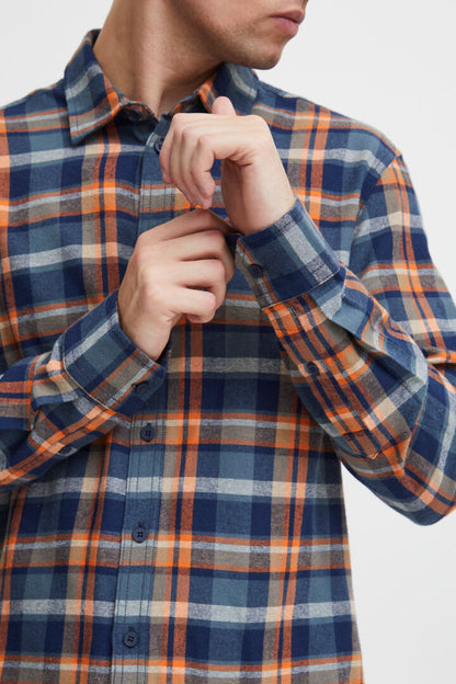 Brushed-cotton Check Shirt - Navy/ Orange