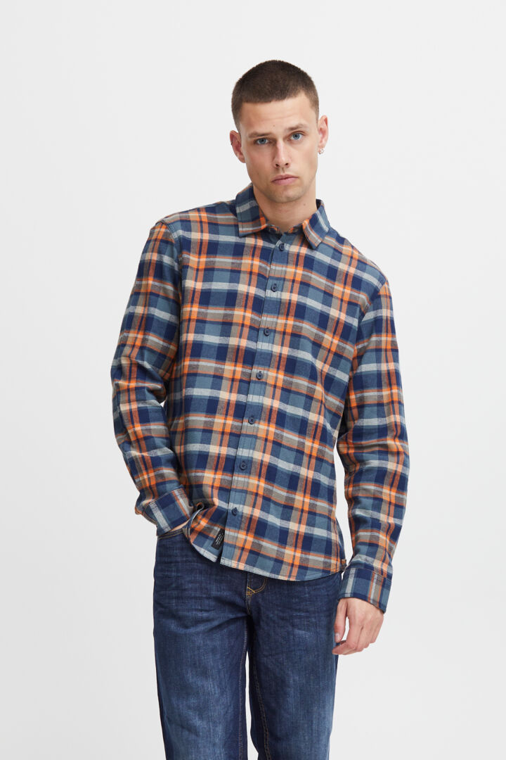 Brushed-cotton Check Shirt - Navy/ Orange
