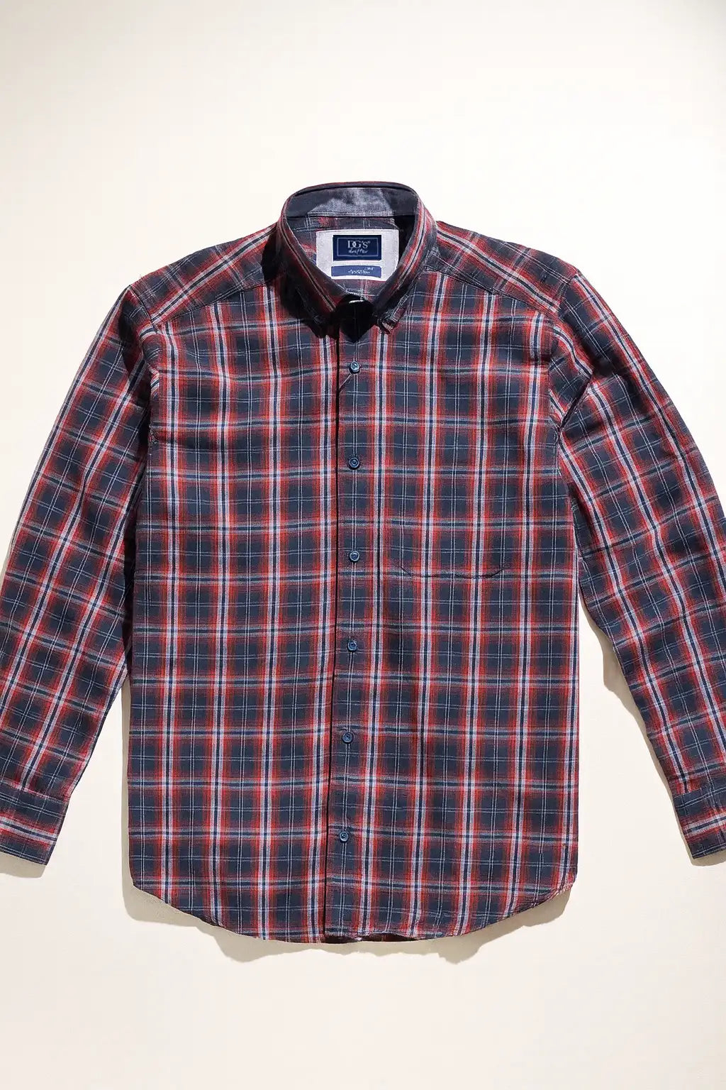 Button-Down Plaid Check Shirt - Red / Navy