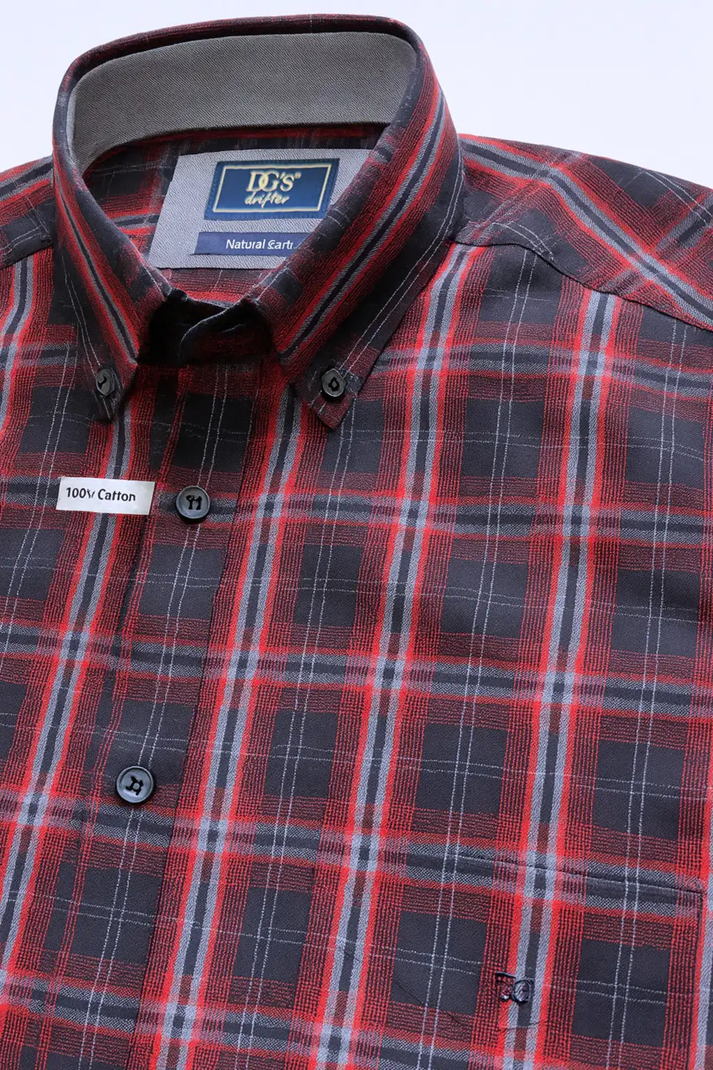 Button-Down Plaid Check Shirt - Red / Navy