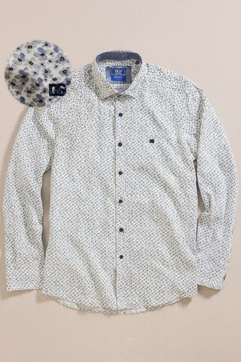 Micro Floral Print Pure Cotton Shirt - White / Blue / Grey
