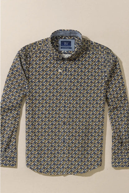 Geometric Pattern Button-Down Shirt - Navy / Gold