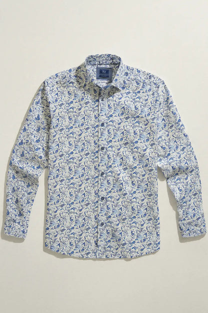 Bird & Floral Print Shirt - White / Blue