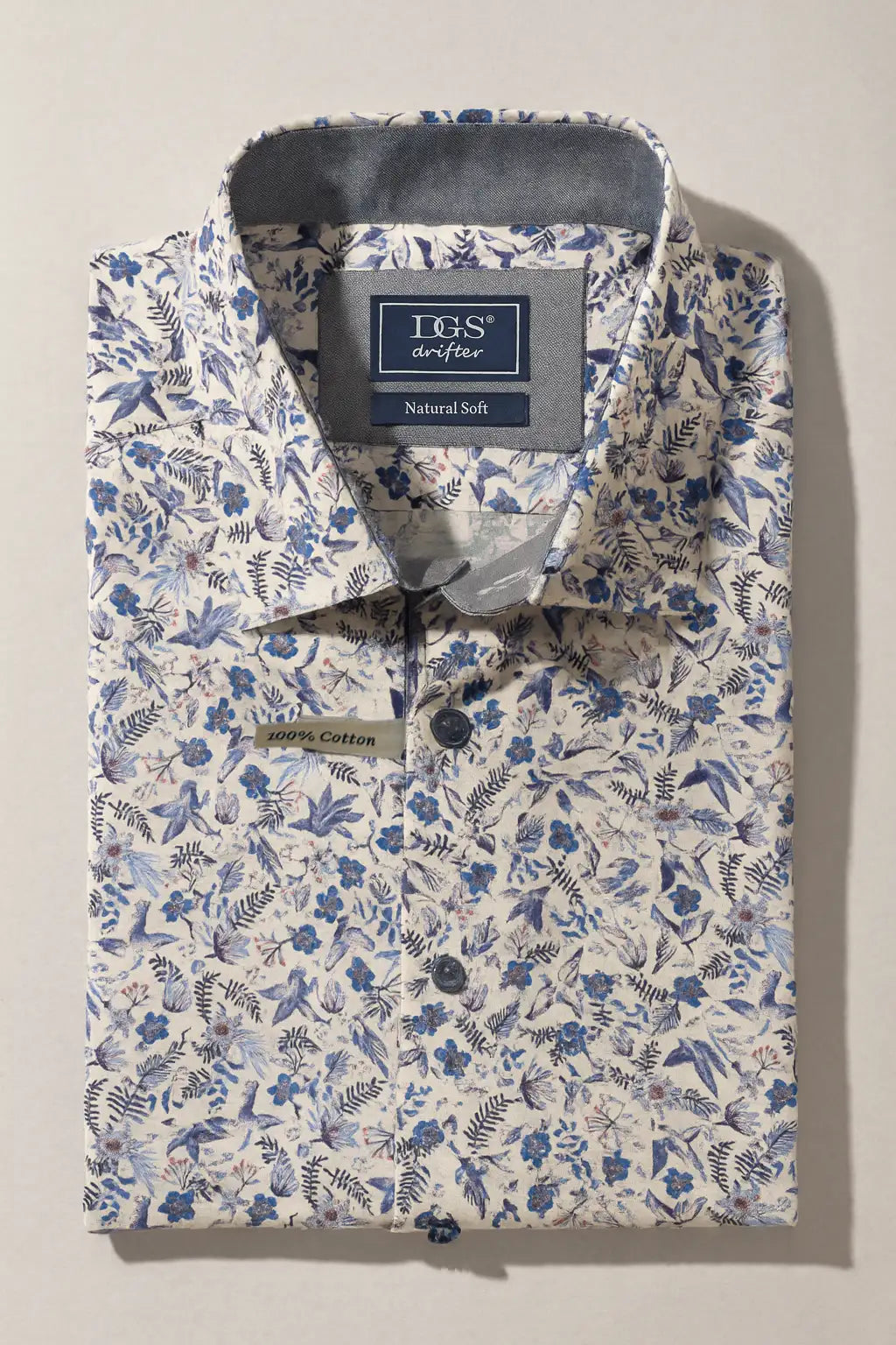 Bird & Floral Print Shirt - White / Blue