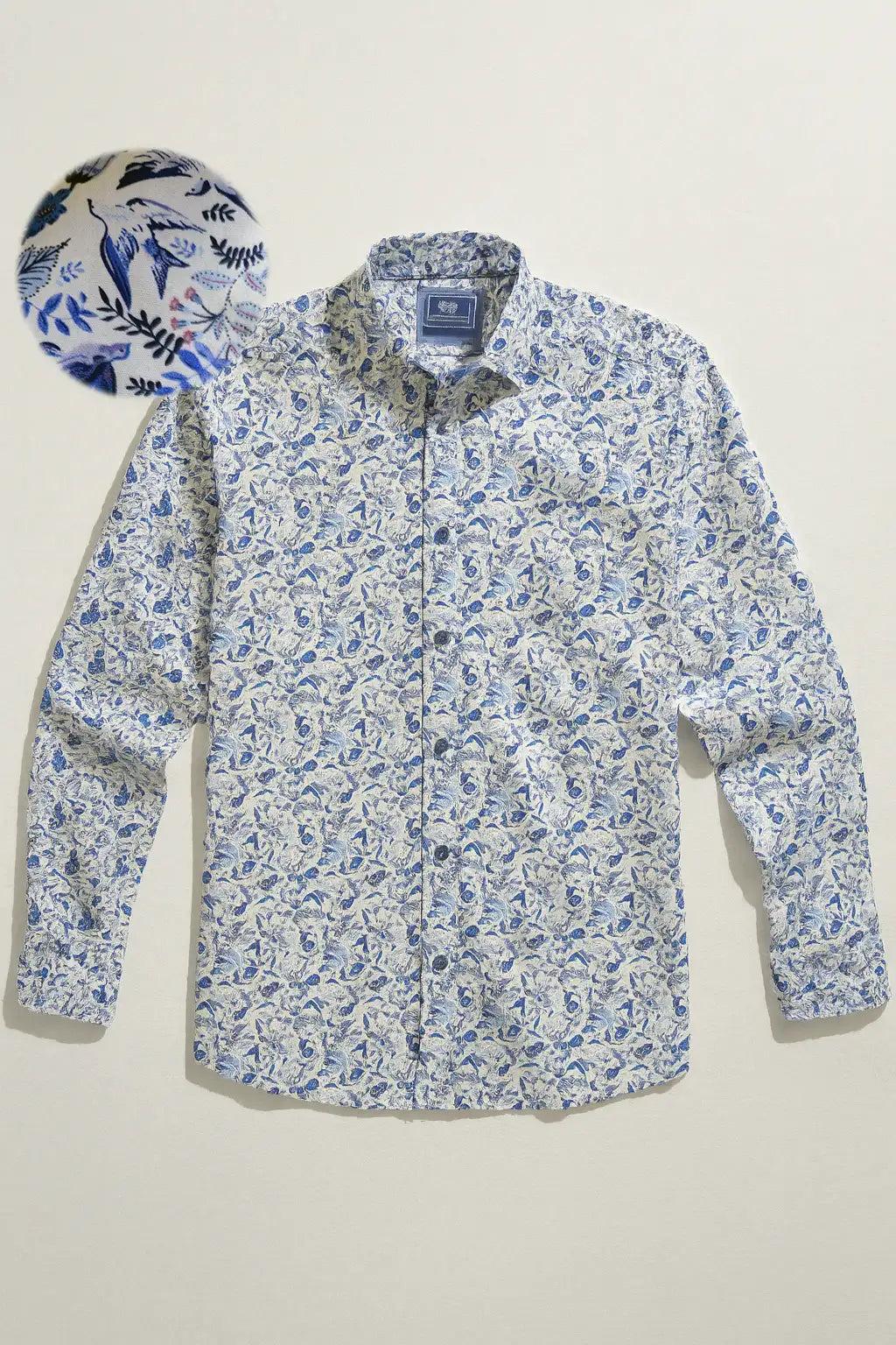 Bird & Floral Print Shirt - White / Blue