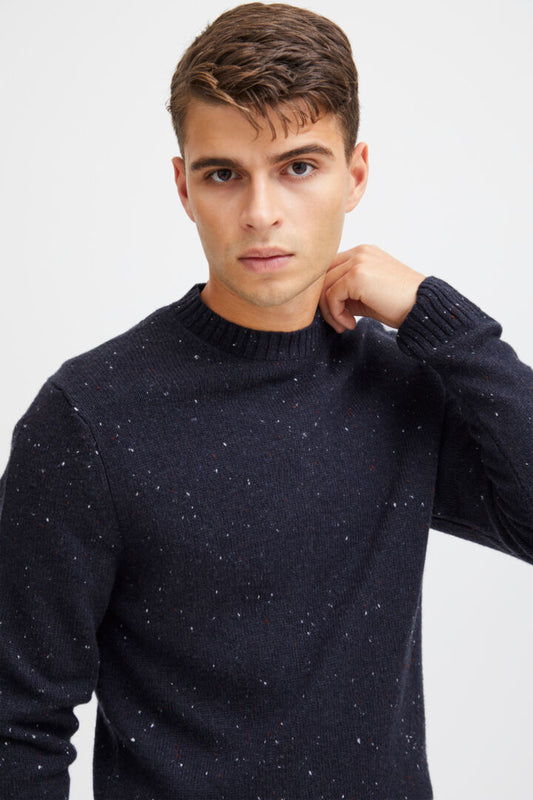 Soft Wool-rich Knitted Crew Jumper - Navy Fleck