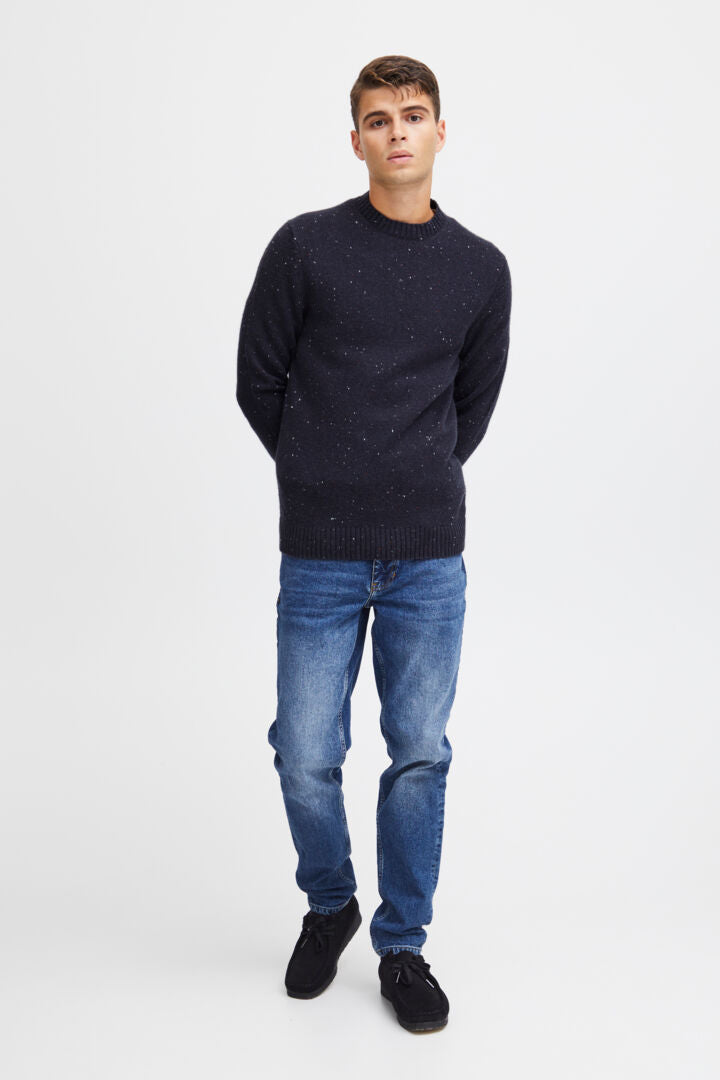 Soft Wool-rich Knitted Crew Jumper - Navy Fleck