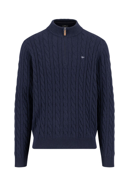 Pure-cotton Cable Knit Quarter Zip Jumper - Navy